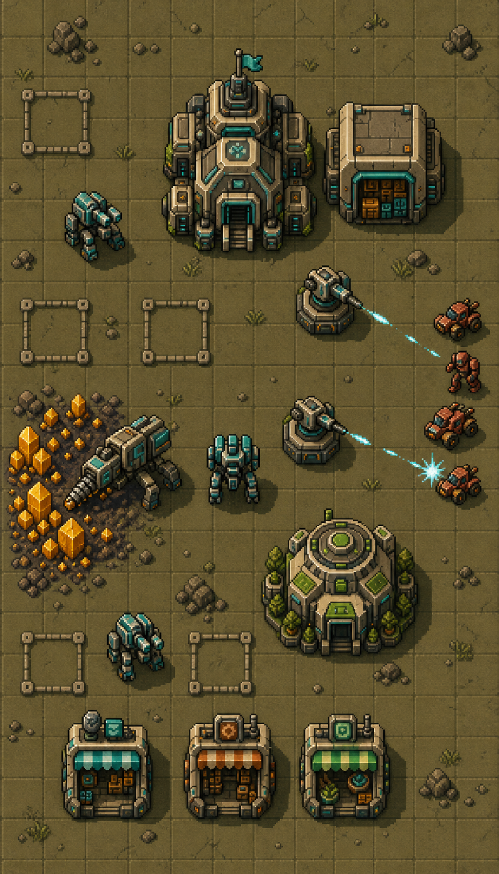 Top-down 2D option G warm pixel raid scene