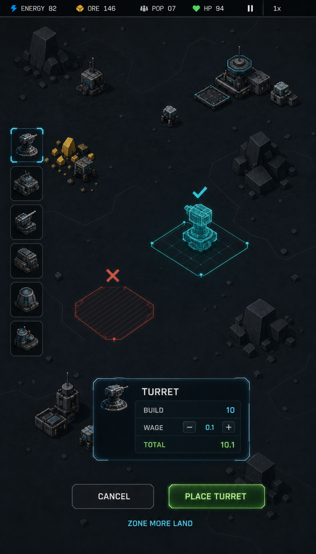 Building UI option C tactical placement palette